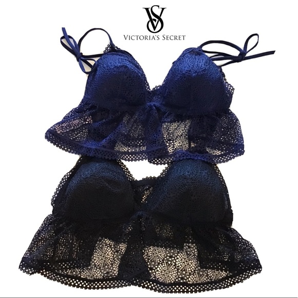 NWOT (2) Victorias Secret Black & Blue Lace Ruffle Bralettes Size Large - Picture 1 of 9